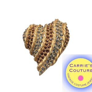 Vintage 1960s Signed Rifas Faux-Topaz & Clear Rhinestone Heart Brooch